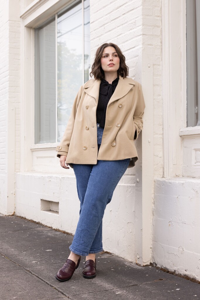 Woman modeling khaki Maple peacoat