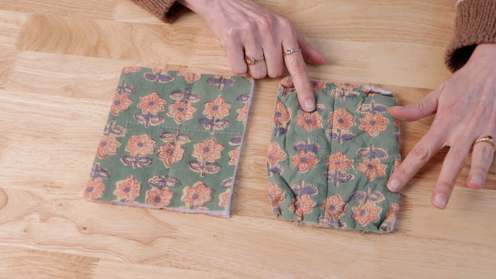 Before and after comparison of pre-quilted fabric, showing natural puckering that occurs after washing