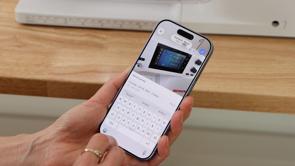 phone screen showing photos of sewing machine settings with fabric samples