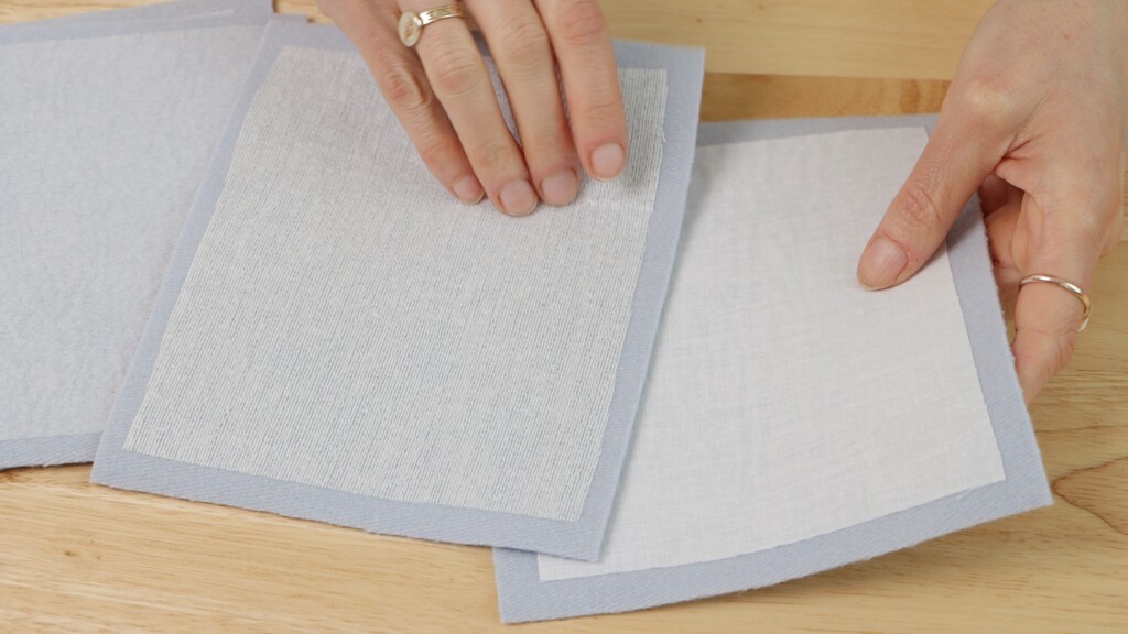 Fabric swatches showing before and after interfacing application