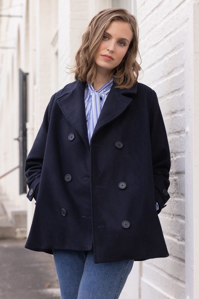 Model wearing khaki Maple peacoat