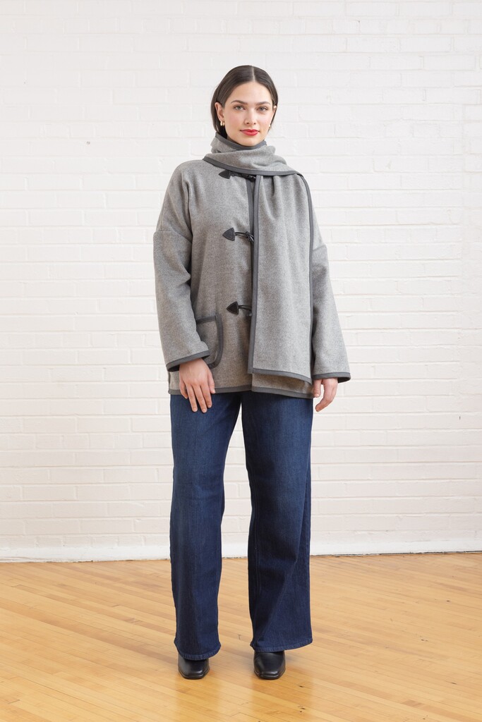 woman modeling gray Ivy coat