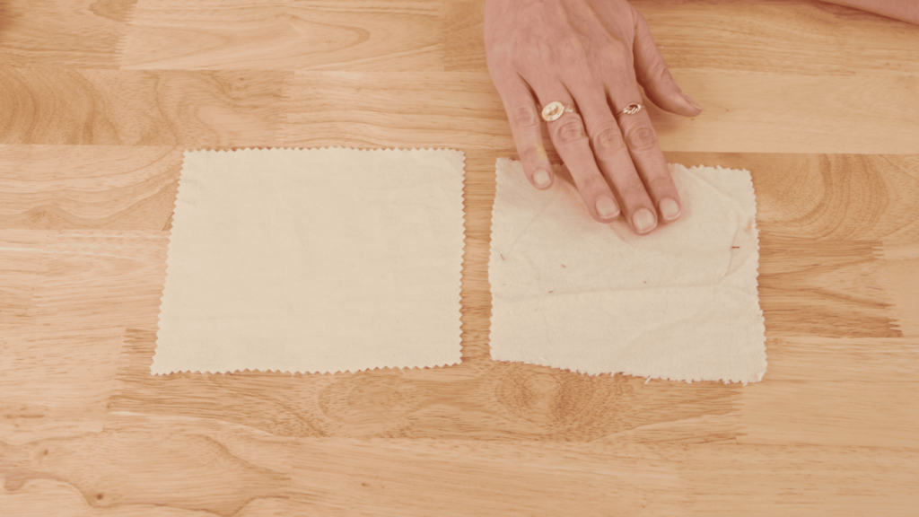 Flannel fabric swatches before and after washing, showing shrinkage